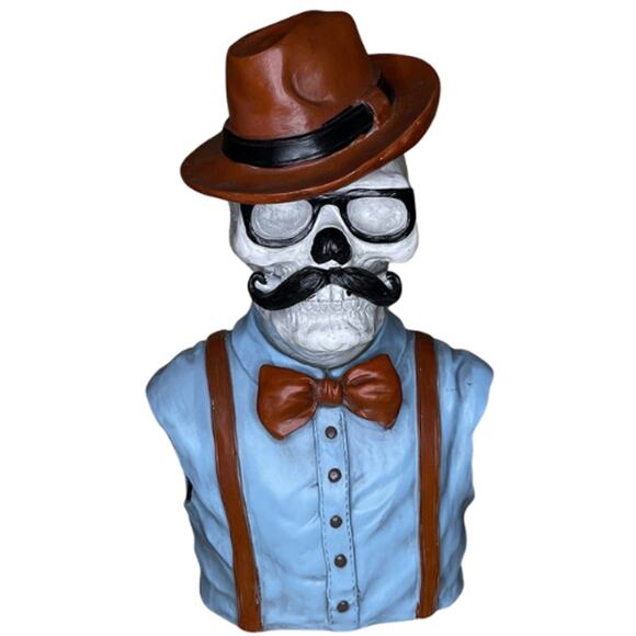 Maisey Mae Hipster Skeleton Bartender Bust Mustache, Bow & Fedora (Large) - Picture 1 of 4